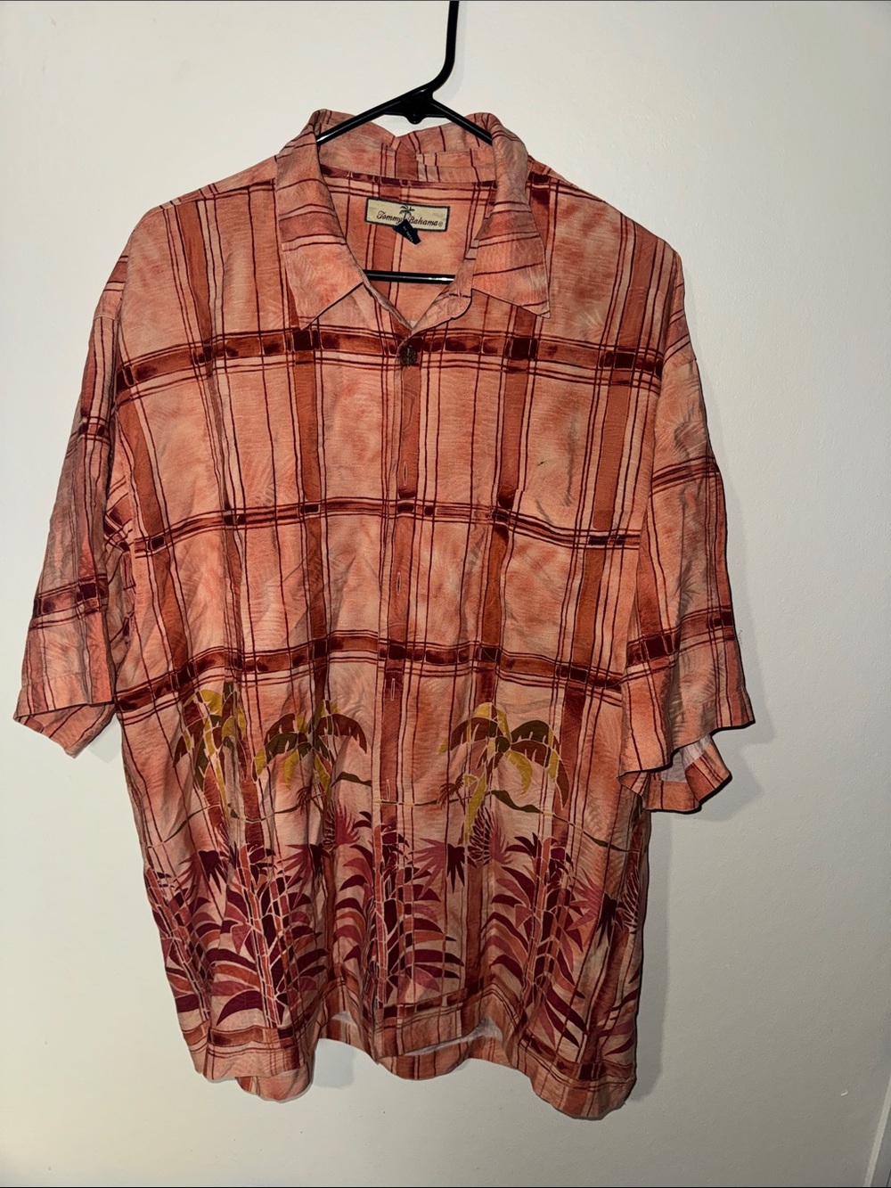 Tommy Bahama Peach and Burgundy Plaid Tropical Button-Down